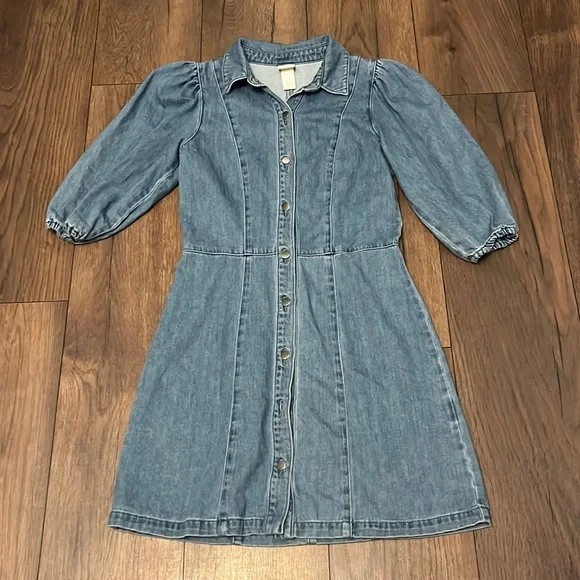 white christmas dresses Distressed Collared Neck Flounce Sleeve Denim Dress – Charming Charlie main image 0